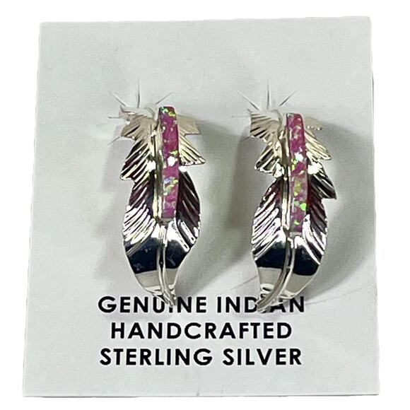 New Navajo Allen Barney Sterling Silver Pink Opal Feather Earrings Native SW - Picture 1 of 14